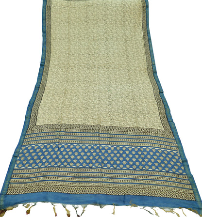 Indian Vintage Ivory & Blue Dupatta Long Stole Block Print Pure Chanderi Silk Scarves Veil Paisley Upcycle Party wear hijab Zari Border