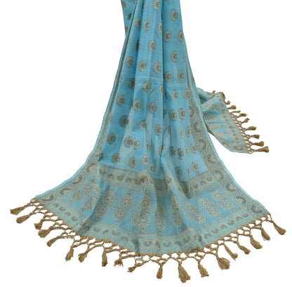 Indian Vintage Blue Dupatta Long Stole Hand Woven Blend Cotton Scarf Veil Soft Floral Fringes Wrap Boho