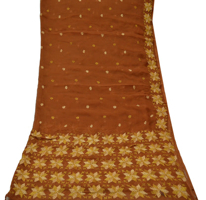 Indian Vintage Brown Dupatta Long Stole Pure Chiffon Silk Hand Embroidered Bagh Phulkari Stole Scarves Golden lace