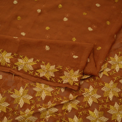 Indian Vintage Brown Dupatta Long Stole Pure Chiffon Silk Hand Embroidered Bagh Phulkari Stole Scarves Golden lace