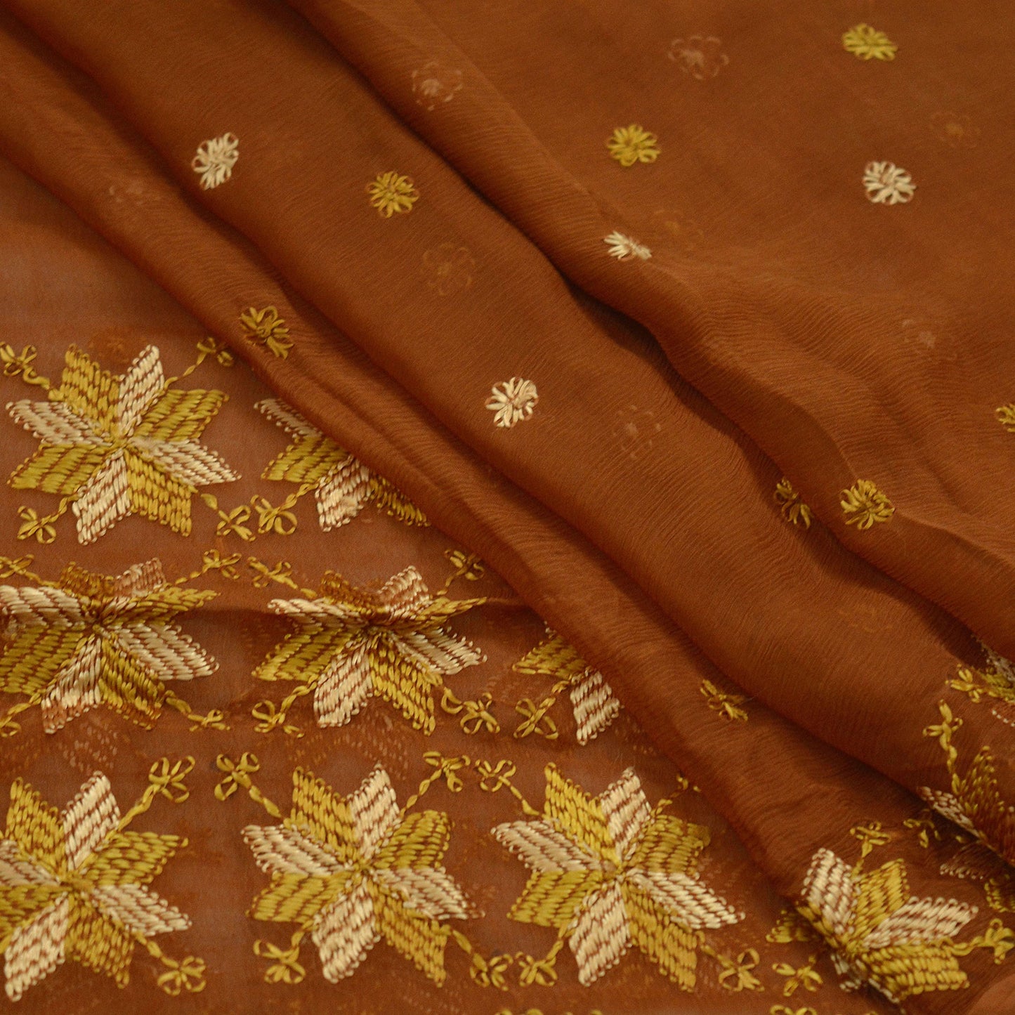 Indian Vintage Brown Dupatta Long Stole Pure Chiffon Silk Hand Embroidered Bagh Phulkari Stole Scarves Golden lace