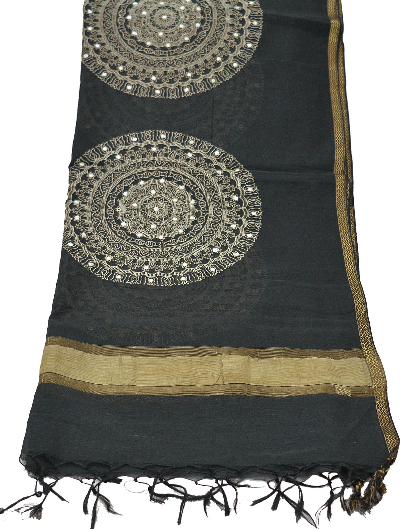 Indian Vintage Black Dupatta Long Stole Embroidered Chanderi Scarves Veil Golden Zari Soft Fringes