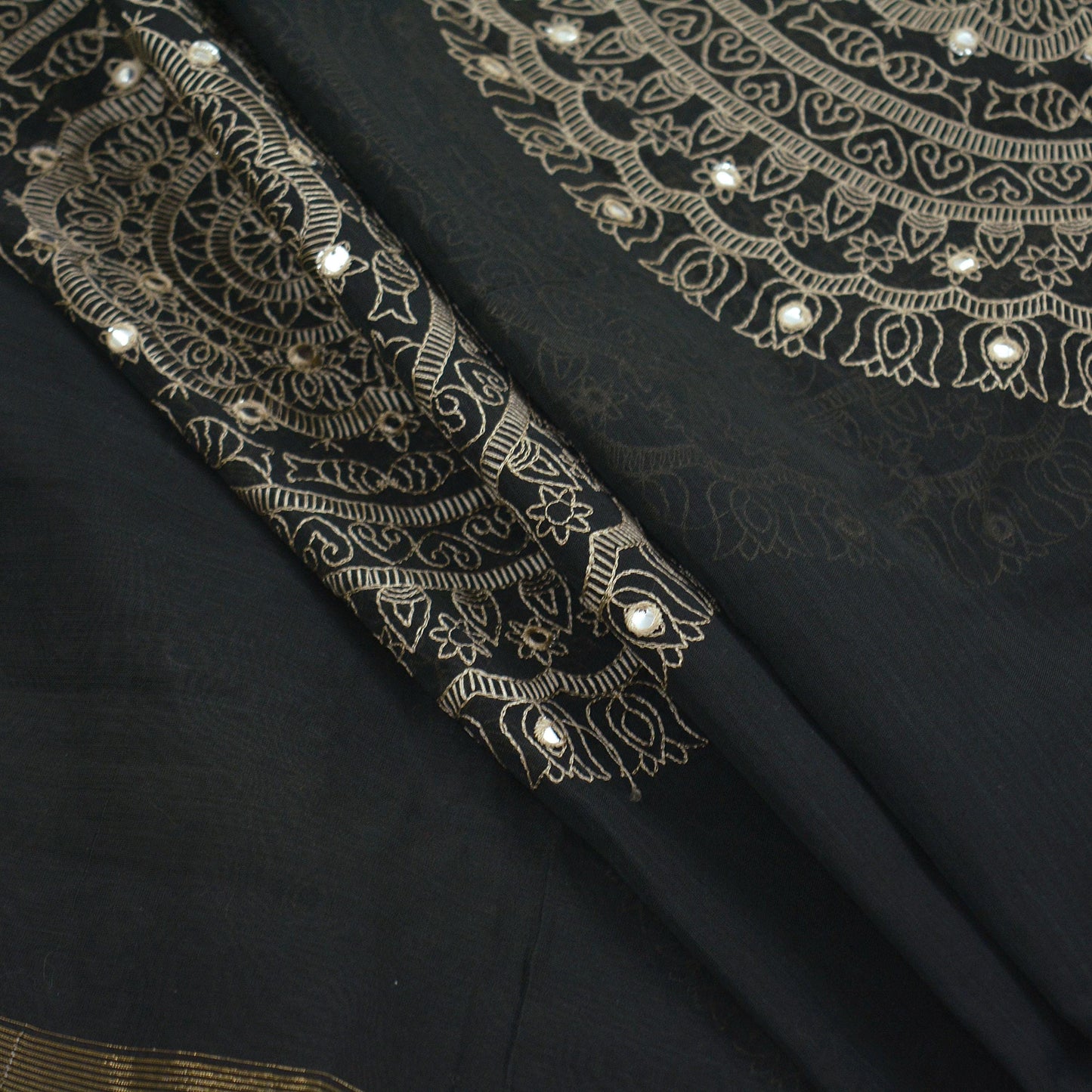 Indian Vintage Black Dupatta Long Stole Embroidered Chanderi Scarves Veil Golden Zari Soft Fringes