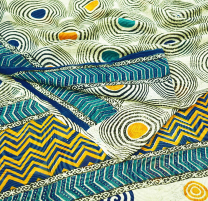 Indian Vintage Sari Ivory 100% Pure Georgette Silk Printed Sarees 5Yd Craft Fabric Sewing Soft Sari Dress Making/Designing Quilting Wrapping