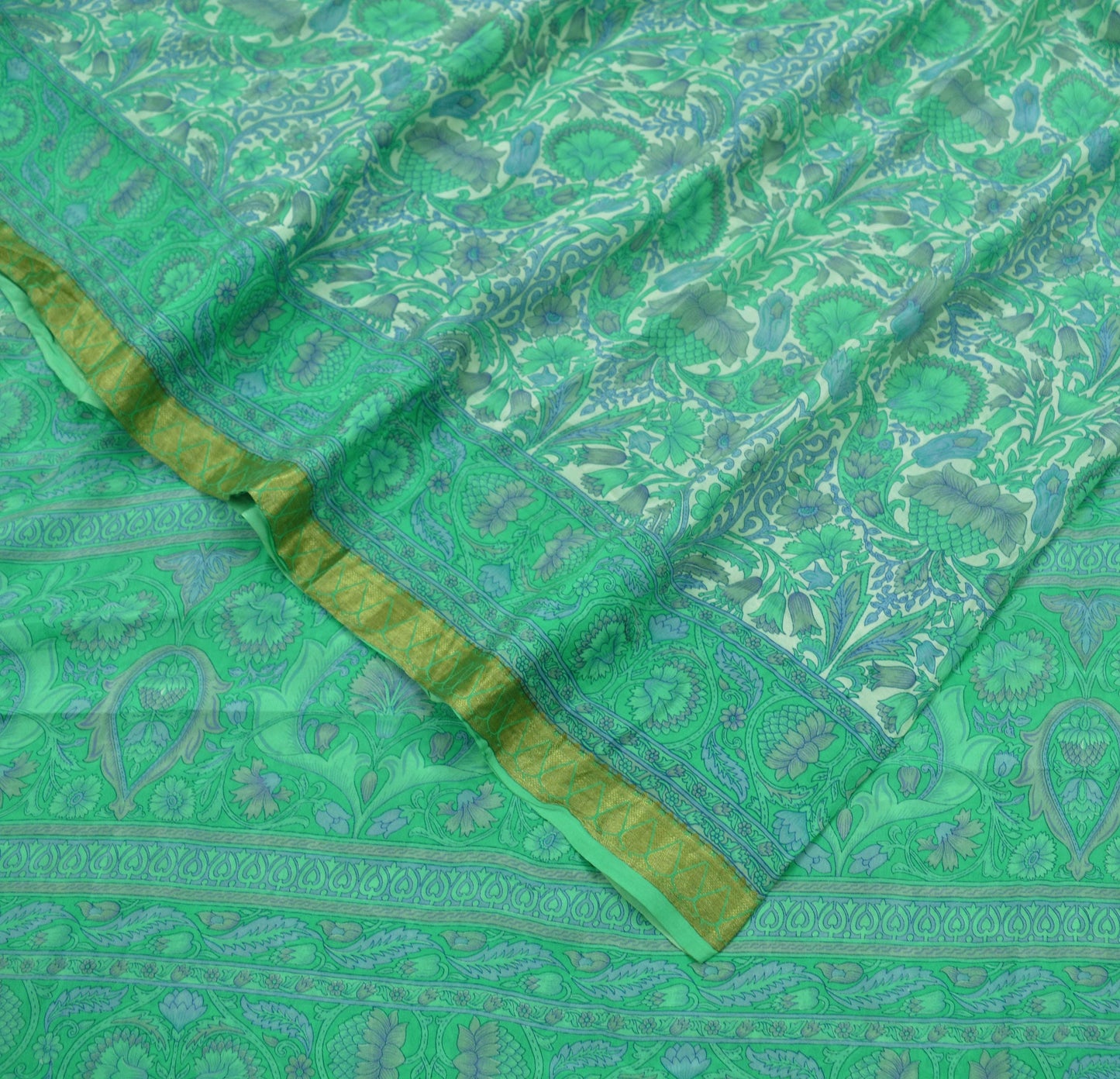 Indian Vintage Sari Ivory & Green Pure Silk Printed Sarees 5yd Sewing Craft Fabric Floral Dress Making Soft Quilting Upcycle Crafting Used