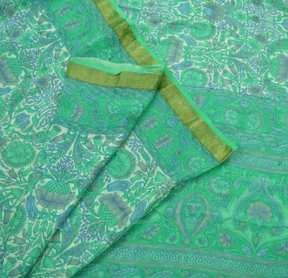 Indian Vintage Sari Ivory & Green Pure Silk Printed Sarees 5yd Sewing Craft Fabric Floral Dress Making Soft Quilting Upcycle Crafting Used