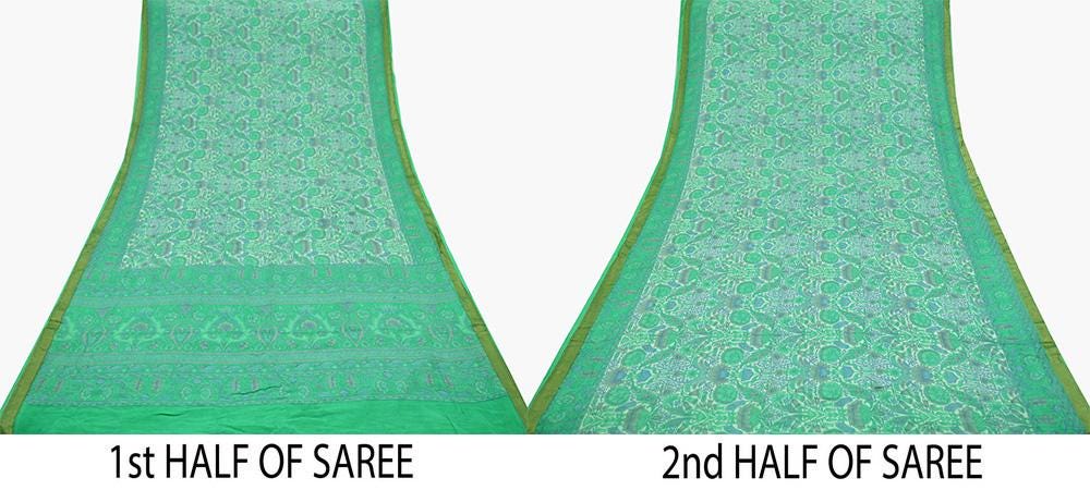 Indian Vintage Sari Ivory & Green Pure Silk Printed Sarees 5yd Sewing Craft Fabric Floral Dress Making Soft Quilting Upcycle Crafting Used