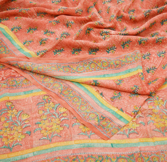 Indian Vintage Sari Peach 100% Pure Georgette Silk Block Printed Sarees Sewing 5yd Craft Fabric Soft Dress Designing for Crafting Floral