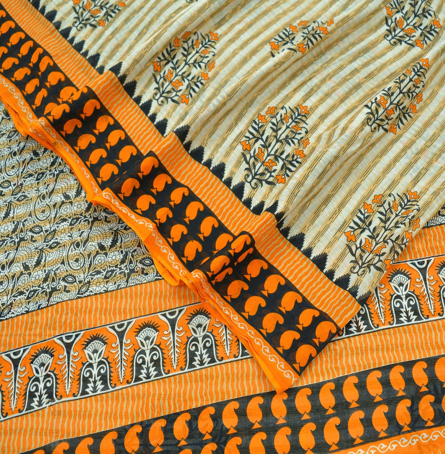 Indian Vintage Sari Ivory Pure Cotton Printed Saree 5Yd Craft Fabric Sewing Sarong Wrap Boho Stripes Quilting crafting dressmaking