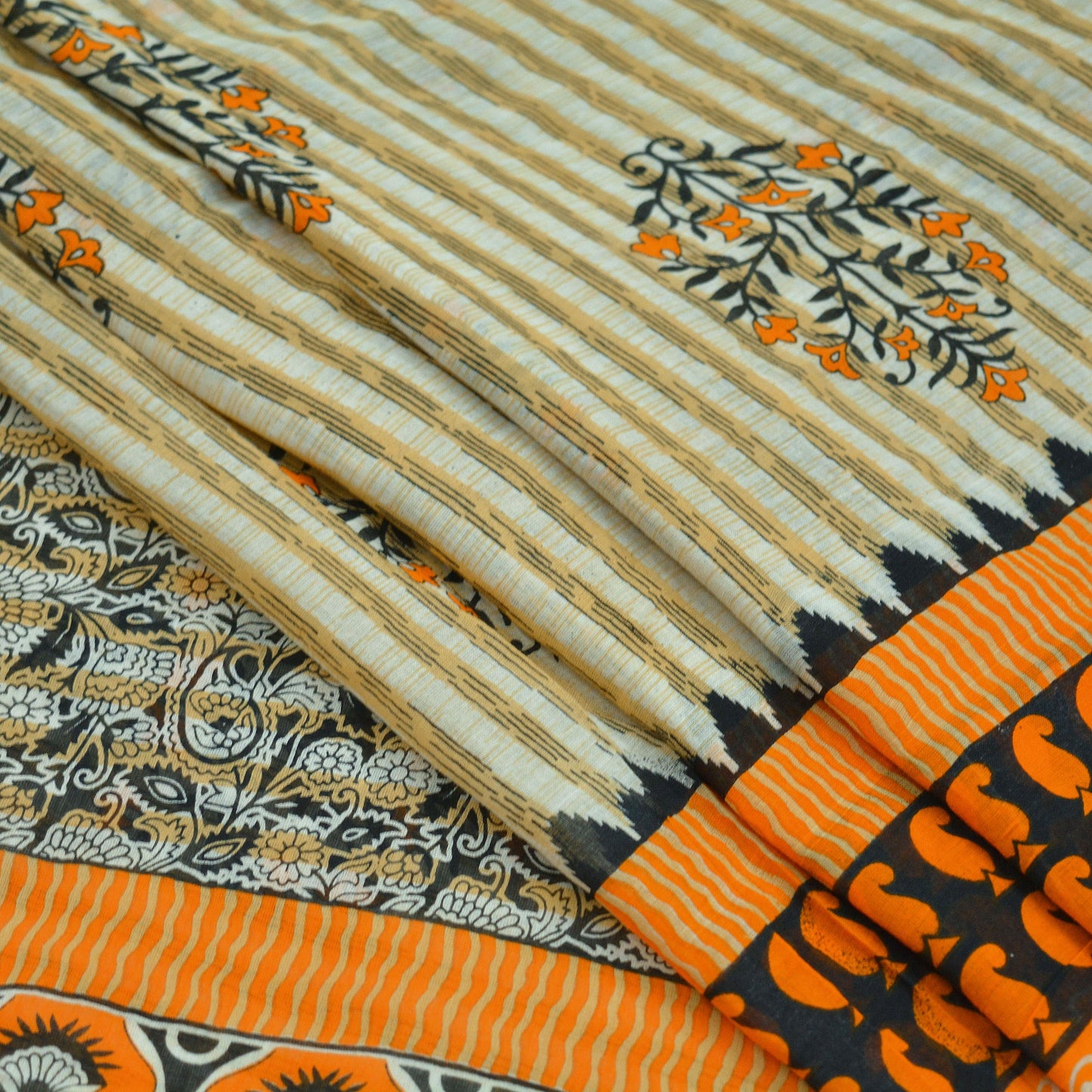 Indian Vintage Sari Ivory Pure Cotton Printed Saree 5Yd Craft Fabric Sewing Sarong Wrap Boho Stripes Quilting crafting dressmaking