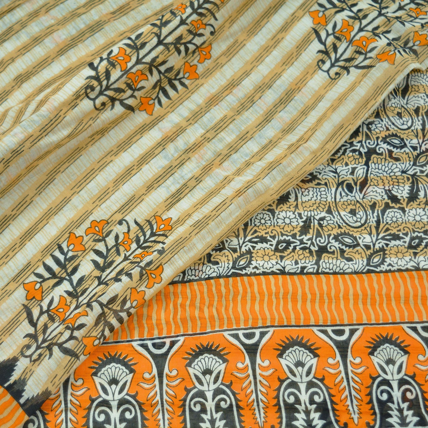 Indian Vintage Sari Ivory Pure Cotton Printed Saree 5Yd Craft Fabric Sewing Sarong Wrap Boho Stripes Quilting crafting dressmaking