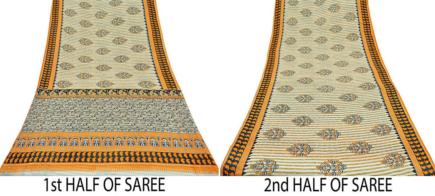 Indian Vintage Sari Ivory Pure Cotton Printed Saree 5Yd Craft Fabric Sewing Sarong Wrap Boho Stripes Quilting crafting dressmaking