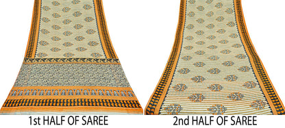 Indian Vintage Sari Ivory Pure Cotton Printed Saree 5Yd Craft Fabric Sewing Sarong Wrap Boho Stripes Quilting crafting dressmaking