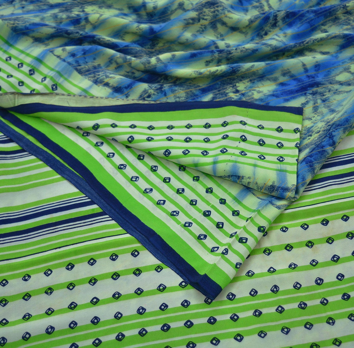 Indian Vintage Sari Blue & Green Pure Crepe Silk Printed Sarees 5yd Sewing Floral Soft Craft Fabric Wrap Quilting Crafting Upcycle Used