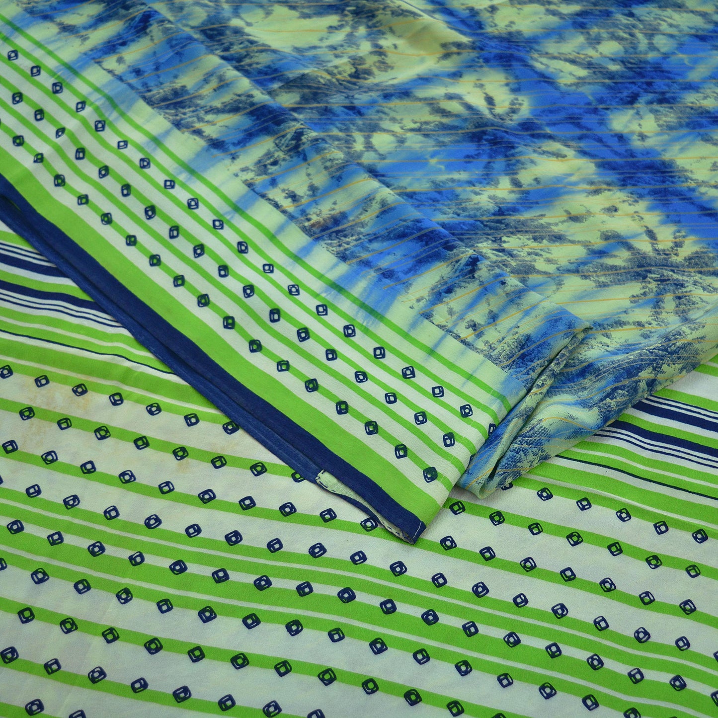 Indian Vintage Sari Blue & Green Pure Crepe Silk Printed Sarees 5yd Sewing Floral Soft Craft Fabric Wrap Quilting Crafting Upcycle Used