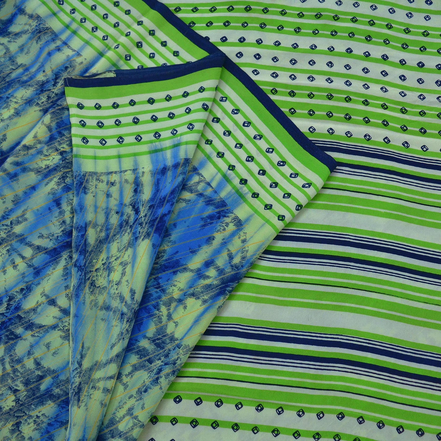 Indian Vintage Sari Blue & Green Pure Crepe Silk Printed Sarees 5yd Sewing Floral Soft Craft Fabric Wrap Quilting Crafting Upcycle Used