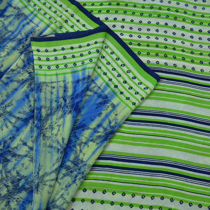 Indian Vintage Sari Blue & Green Pure Crepe Silk Printed Sarees 5yd Sewing Floral Soft Craft Fabric Wrap Quilting Crafting Upcycle Used