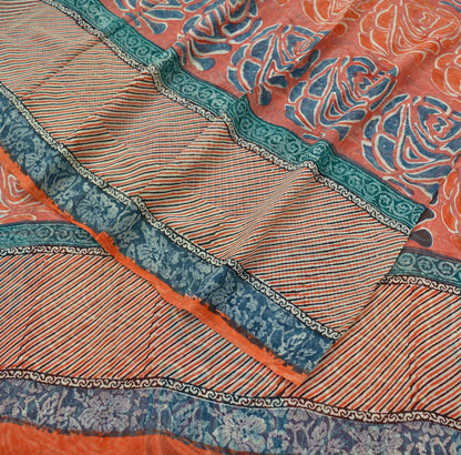 Indian Vintage Sari Orange Pure Georgette Silk Printed Sarees 5Yd Craft Fabric Sewing Light Weight Sari Quilting Dress making Crafting