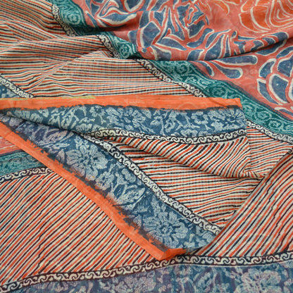 Indian Vintage Sari Orange Pure Georgette Silk Printed Sarees 5Yd Craft Fabric Sewing Light Weight Sari Quilting Dress making Crafting