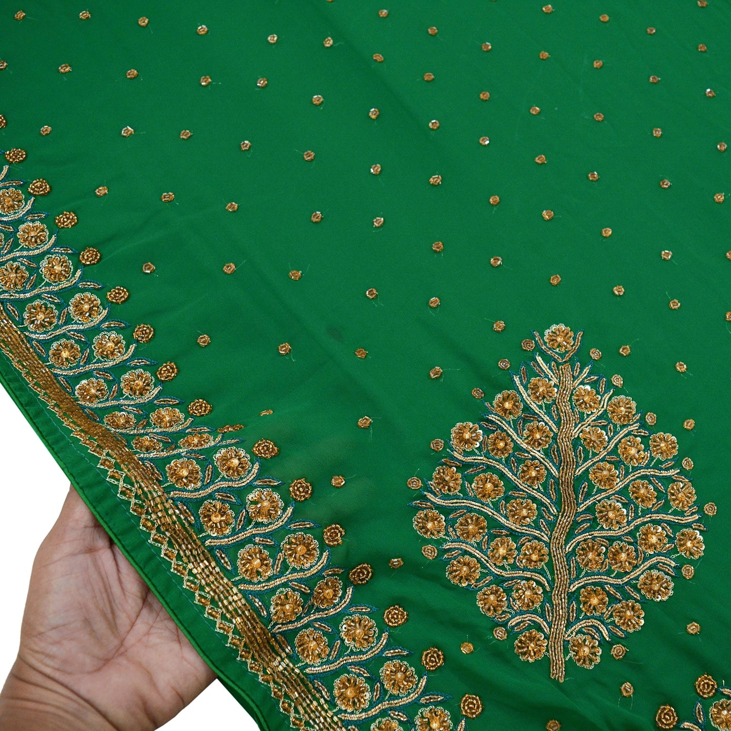 Indian Vintage Heavy Sari Green Georgette Hand Embroidered Sarees 6Yd Craft Fabric Sewing Ethnic Zardozi/Dabka Sequins Bollywood Sarees