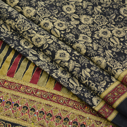 Indian Vintage Sari Black Art Silk Hand Embroidered Kantha Sarees 5yd Craft Fabric Ethnic Sewing Floral Soft Sequins Quilting Crafting Used