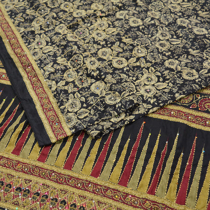 Indian Vintage Sari Black Art Silk Hand Embroidered Kantha Sarees 5yd Craft Fabric Ethnic Sewing Floral Soft Sequins Quilting Crafting Used