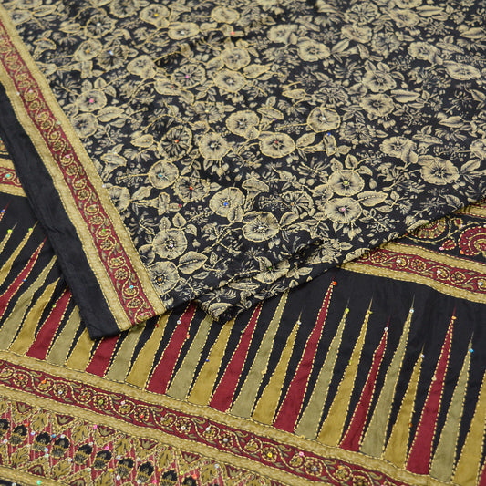 Indian Vintage Sari Black Art Silk Hand Embroidered Kantha Sarees 5yd Craft Fabric Ethnic Sewing Floral Soft Sequins Quilting Crafting Used