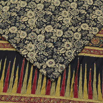 Indian Vintage Sari Black Art Silk Hand Embroidered Kantha Sarees 5yd Craft Fabric Ethnic Sewing Floral Soft Sequins Quilting Crafting Used