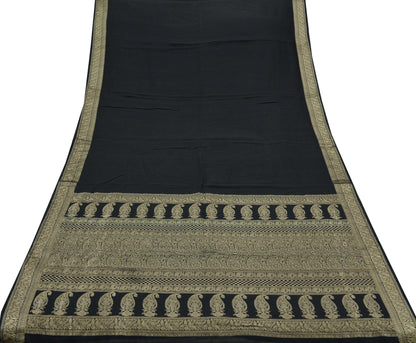 Indian Heavy Vintage Sari Black 100% Pure Silk Hand Woven Sarees 5Yd Zari Border Paisley Ethnic Bollywood sarees Wedding saree Crafting Used