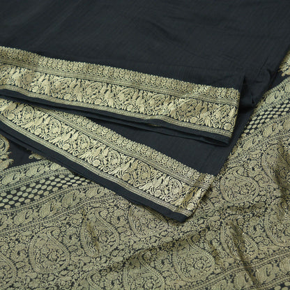 Indian Heavy Vintage Sari Black 100% Pure Silk Hand Woven Sarees 5Yd Zari Border Paisley Ethnic Bollywood sarees Wedding saree Crafting Used