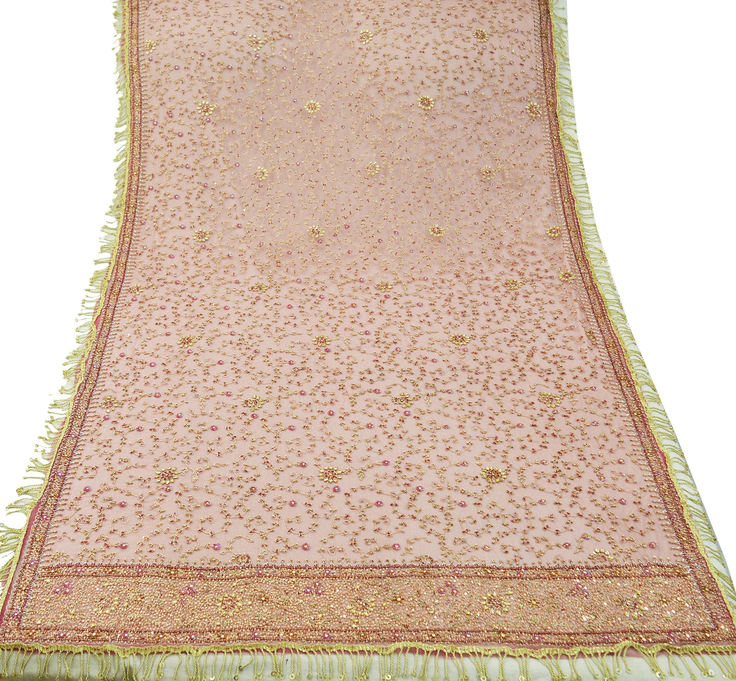 Indian Vintage Heavy Pink Dupatta Net Mesh Long Stole Hand Embroidered Scarves Golden Zardozi Dabka Zari Sequins Wedding Dupatta Party Wear