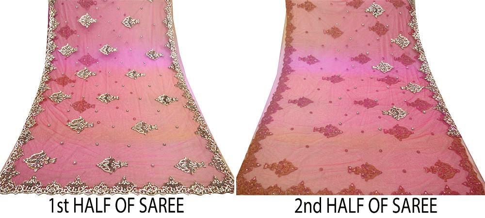 Indian Vintage Sari Pink Net/Mesh Hand Embroidered Sarees Ethnic Craft Fabric 5Yd Sewing Soft Zardozi/Dabka Zari Sequins Wedding Sarees