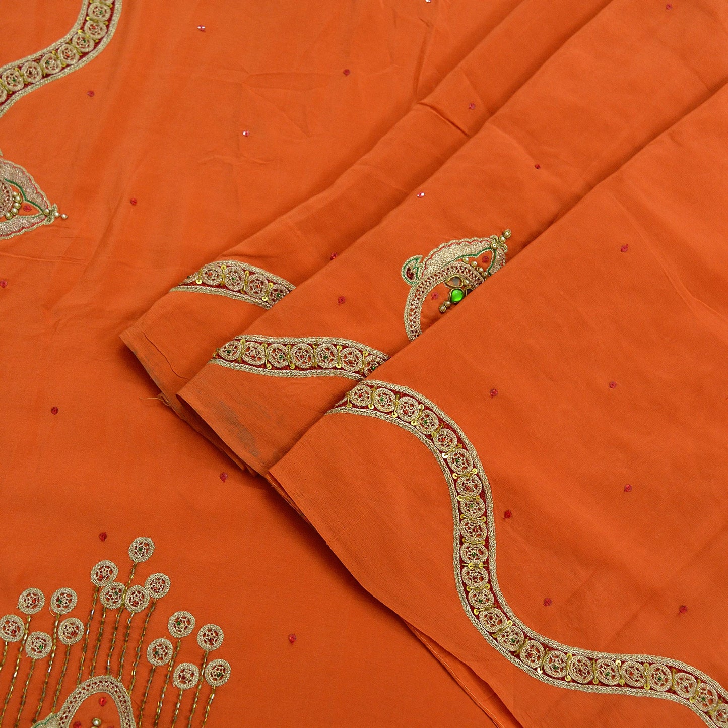 Indian Vintage Heavy Sarees Orange Pure Crepe Silk Hand Embroidered Sari Craft Fabric 5Yd Sewing Zardozi/Dabka Dress making Wedding Sari