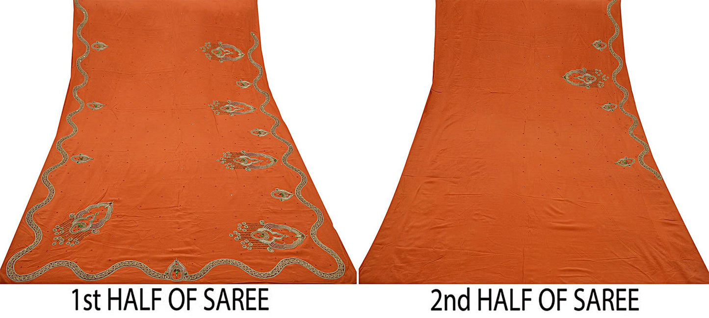 Indian Vintage Heavy Sarees Orange Pure Crepe Silk Hand Embroidered Sari Craft Fabric 5Yd Sewing Zardozi/Dabka Dress making Wedding Sari