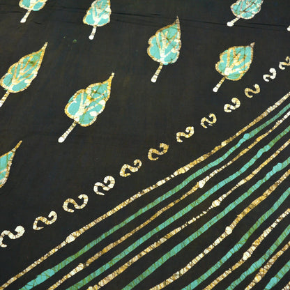 Indian Vintage Sari Black & Green Batik 100% Pure Cotton Printed Sarees 5Yd Craft Fabric Soft Sewing Sarong Wrap Boho Quilting Dress making