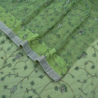 Indian Vintage Heavy Saree Green Net/Mesh Hand Embroidered Sari Fabric 5Yd Sewing Soft Zardozi/Dabka Zari Sequins