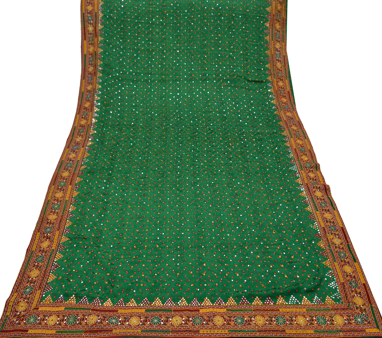 Indian Vintage Green Saree Hand Embroidered Bandhani Printed Sari Crepe Sari Fabric 5yd Soft Craft Fabric Beaded Dress making Wedding Sarees