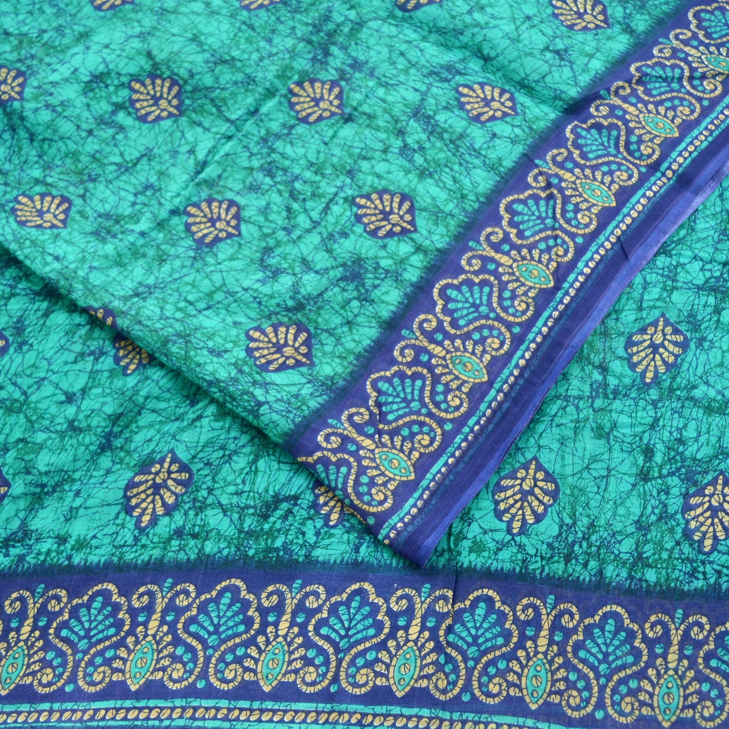 Indian Vintage Sari Green & Blue Batik Printed Saree 100% Pure Cotton 5Yd Craft Fabric Soft Sewing Sarong Wrap Boho Quilting Dress Making