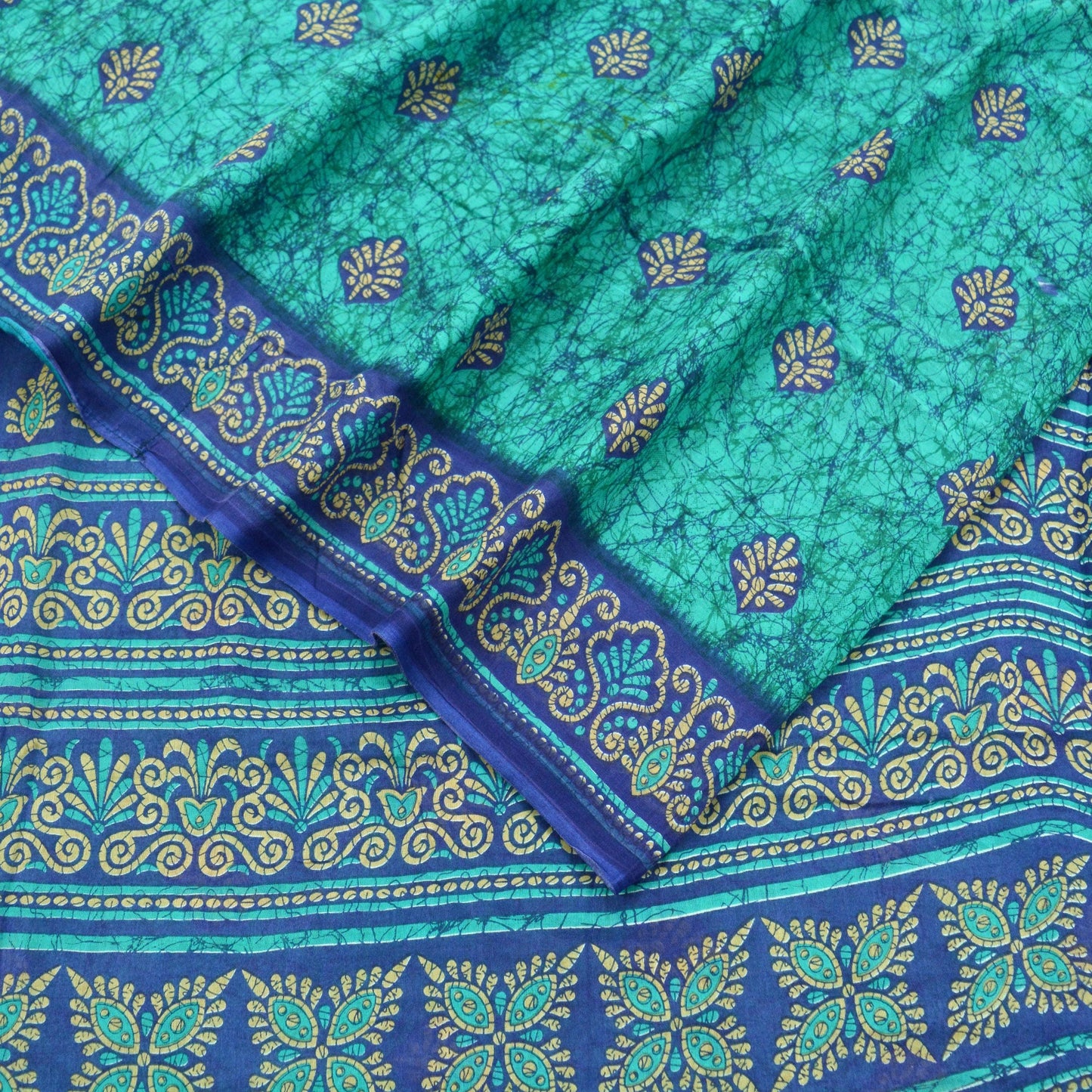 Indian Vintage Sari Green & Blue Batik Printed Saree 100% Pure Cotton 5Yd Craft Fabric Soft Sewing Sarong Wrap Boho Quilting Dress Making