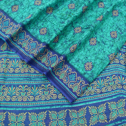 Indian Vintage Sari Green & Blue Batik Printed Saree 100% Pure Cotton 5Yd Craft Fabric Soft Sewing Sarong Wrap Boho Quilting Dress Making