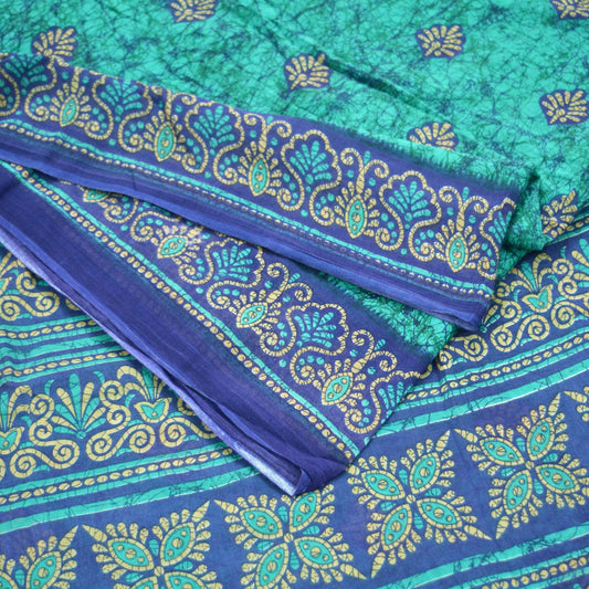 Indian Vintage Sari Green & Blue Batik Printed Saree 100% Pure Cotton 5Yd Craft Fabric Soft Sewing Sarong Wrap Boho Quilting Dress Making