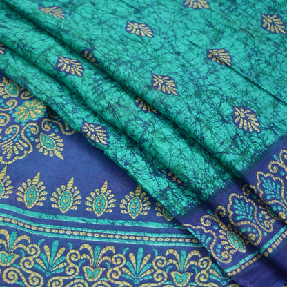 Indian Vintage Sari Green & Blue Batik Printed Saree 100% Pure Cotton 5Yd Craft Fabric Soft Sewing Sarong Wrap Boho Quilting Dress Making