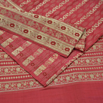 Indian Vintage Sari Heavy Wedding Pure Satin Silk Pink Woven Brocade Banarasi Sarees Zari 5Yd Craft Fabric Sewing Dress making Crafting