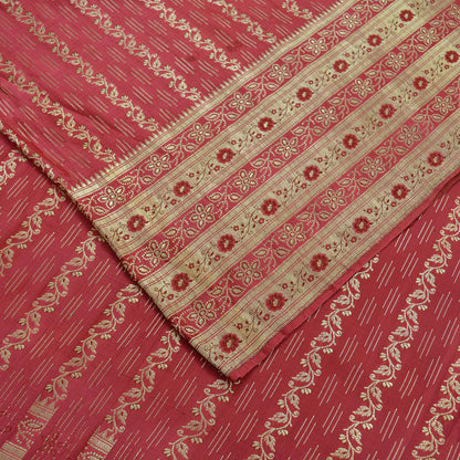 Indian Vintage Sari Heavy Wedding Pure Satin Silk Pink Woven Brocade Banarasi Sarees Zari 5Yd Craft Fabric Sewing Dress making Crafting