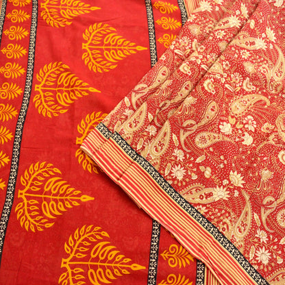 Indian Vintage Sari Red Printed Saree 100% Pure Cotton 5Yd Craft Fabric Sewing Soft Sarong Wrap Boho Paisley Quilting Dress Making Crafting