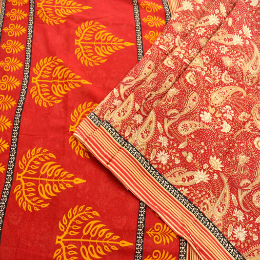 Indian Vintage Sari Red Printed Saree 100% Pure Cotton 5Yd Craft Fabric Sewing Soft Sarong Wrap Boho Paisley Quilting Dress Making Crafting
