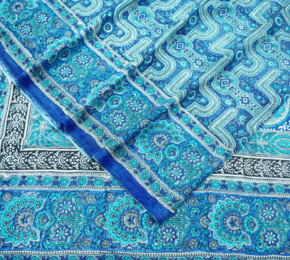 Indian Vintage Sari Blue & Gray 100% Pure Silk Printed Saree 5yd Sewing Craft Fabric Soft  DressMaking Wrap Quilting Wrapping Crafting