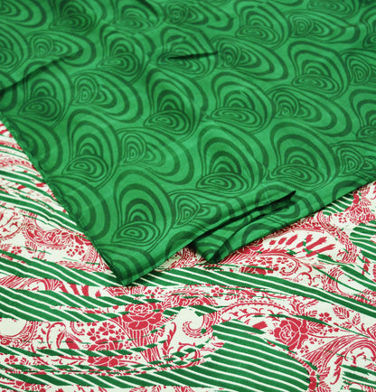 Indian Vintage Sari Ivory & Green Pure Silk Printed Saree 5yd Sewing Craft Fabric Soft DressMaking Abstract Quilting Crafting Used Upcycle