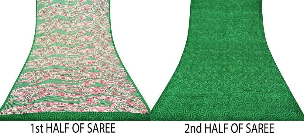 Indian Vintage Sari Ivory & Green Pure Silk Printed Saree 5yd Sewing Craft Fabric Soft DressMaking Abstract Quilting Crafting Used Upcycle