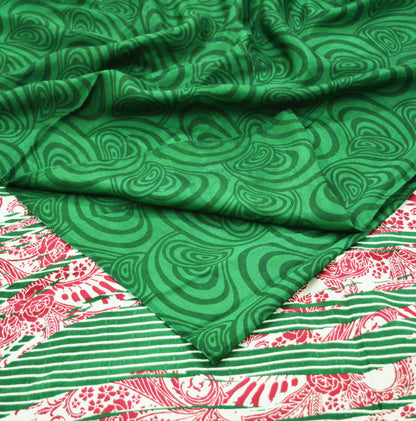 Indian Vintage Sari Ivory & Green Pure Silk Printed Saree 5yd Sewing Craft Fabric Soft DressMaking Abstract Quilting Crafting Used Upcycle